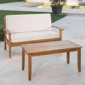 Caldwell Teak 2-Piece Wood Outdoor Patio Conversation Set with Beige Cushions