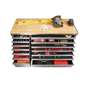 62 in. W x 24 in. D Standard Duty 14-Drawer Mobile Workbench Tool Chest with Solid Wood Top in Stainless Steel