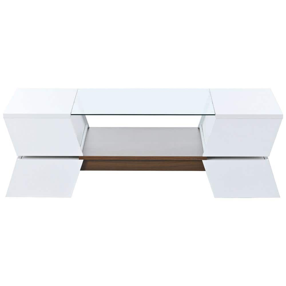 Sudzendf White Geometric Style Glass-Top Coffee Table with Open Shelves ...