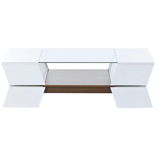 Sudzendf White Geometric Style Glass-Top Coffee Table with Open Shelves and Cabinets