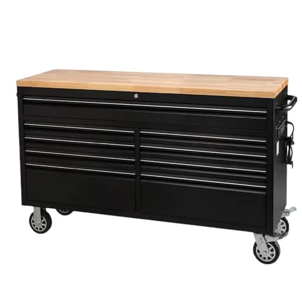 61 in. Stainless Steel Mobile Workbench Cabinet with Wheels, 9-Drawer, Rubber Wood Top, Lock Key for Workshop Storage
