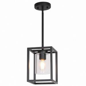 6.7 in.1-Light Black Square Framed Pendant with Clear Glass, Indoor Retro Industrial Hanging Light for Kitchen Island