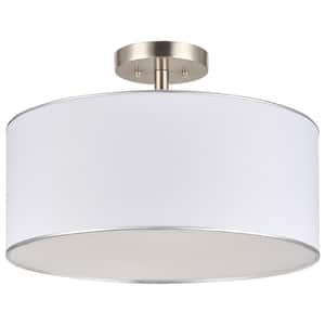 18 in. 3-Light Brushed Nickel Semi-Flush Mount with White Fabric Drum Shade