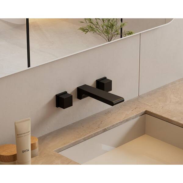 FARNE Double Handles Wall-Mount Bathroom Sink Faucet Trim with Pop-Up Drain in Matte Black