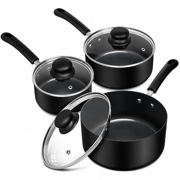 3-Piece Non-Stick Aluminum Sauce Pan Set with Lid, Multi-Pot Set with 1QT, 2QT and 3QT, Black