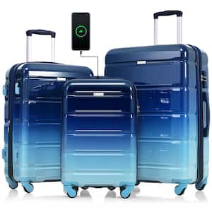 High-Quality Airline Certified Carry-On 3-Piece Blue Luggage Set w/USB Port, Cup Holder, Hard Shell and Spinner Wheels