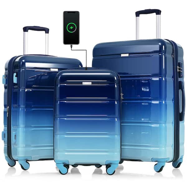 Adrinfly High-Quality Airline Certified Carry-On 3-Piece Blue Luggage Set w/USB Port, Cup Holder, Hard Shell and Spinner Wheels
