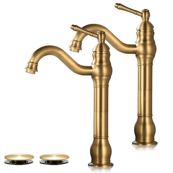 Single Hole Single-Handle Waterfall Vessel Sink Faucet with Pop-up Drain in Antique Brass (2-Pack)