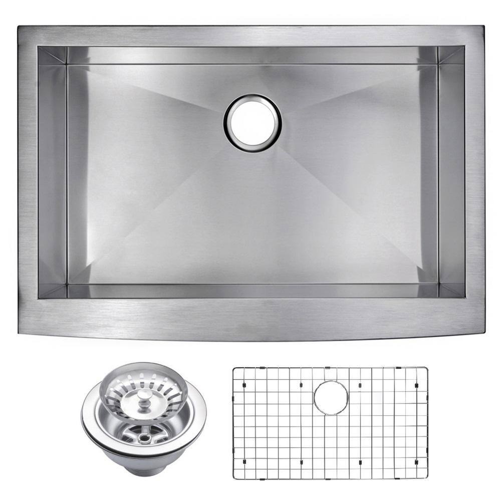 Water Creation Farmhouse Apron Front Stainless Steel 33 in. Single Bowl Kitchen Sink with Strainer and Grid in Satin -  SSSG-AS-3321A16