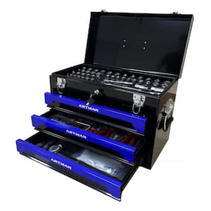 20 in Portable 3-Drawer Steel Toolbox, 4-Layers of Tools with Metal Latches, Home, or Workbench in Blue