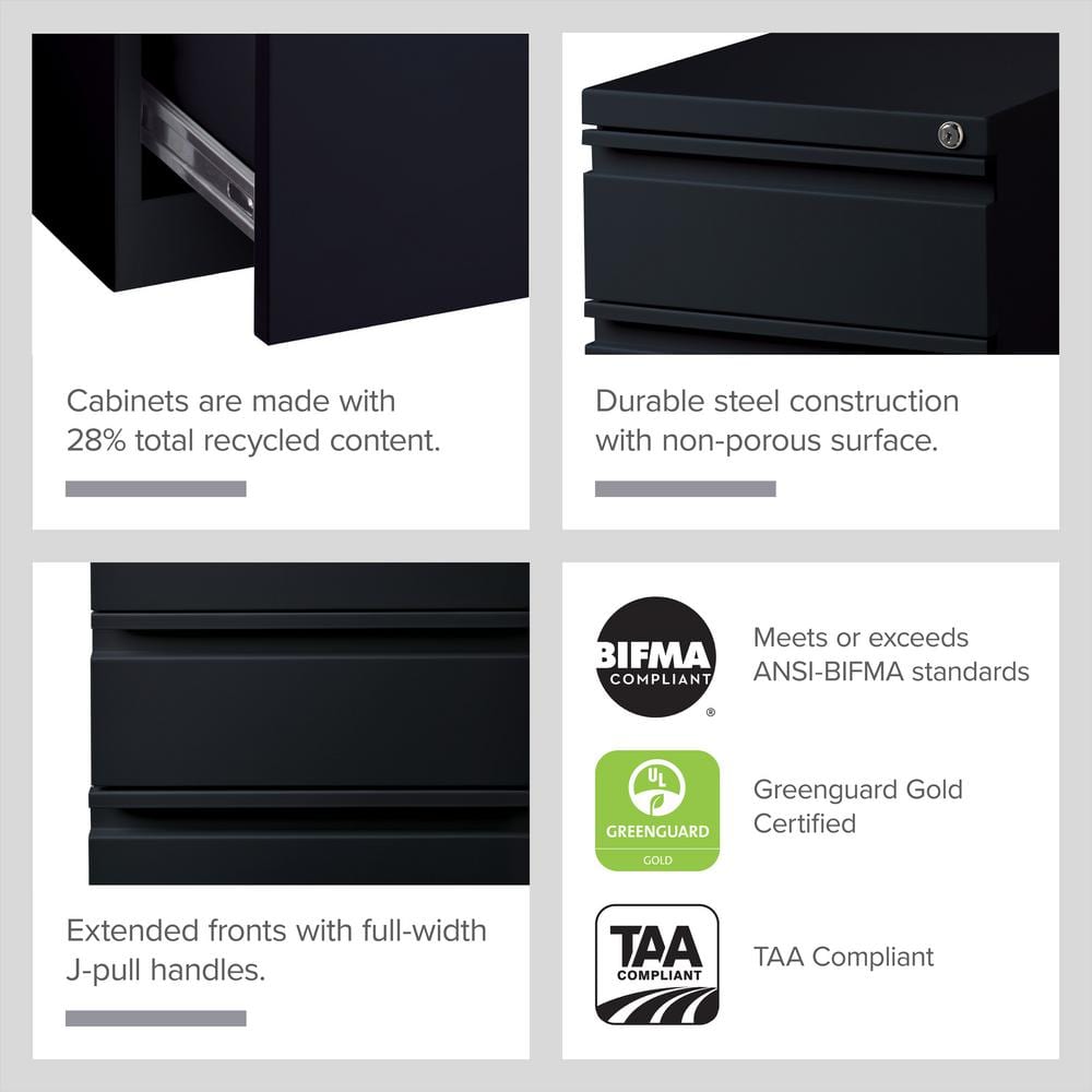 Black 3-Drawer Lockable Mobile Steel File Cabinet