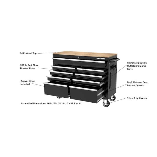 Husky - Tool Storage 46 in. W x 18 in. D 9-Drawer Mobile Workbench Cabinet in Gloss Black