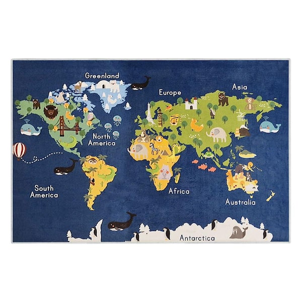 SUSSEXHOME Map 39.5 in. x 59 in. Cotton Washable Educational for Kids Room Area Rug
