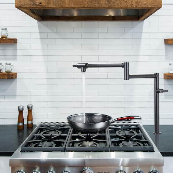 Deck Mounted Brass Pot Filler Kitchen Faucet with Double Handle and Joint Swing Arm in Oil Rubbed Bronze