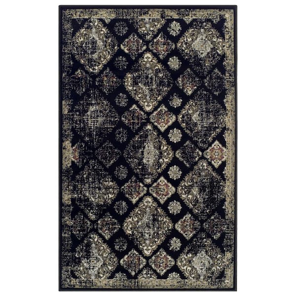 Mayfair Black 4 ft. x 6 ft. Distressed Damask Area Rug