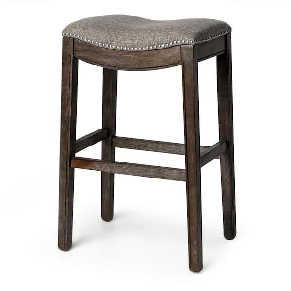 MAVEN LANE Adrien 31 in. Walnut Backless Wooden Bar Stool with Premium Grey Fabric Upholstered Seat