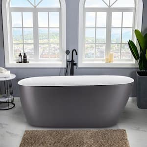 59 in. Acrylic Flatbottom Freestanding Soaking Bathtub in Gray Overflow and Pop-up Drain