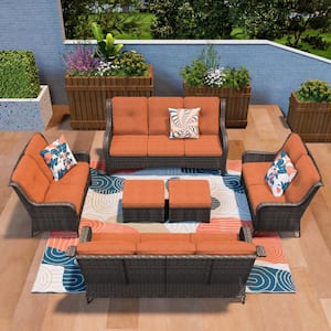 Patio Furniture Set 6 Pieces Outdoor Wicker Sectional Sofa with Orange Cushions