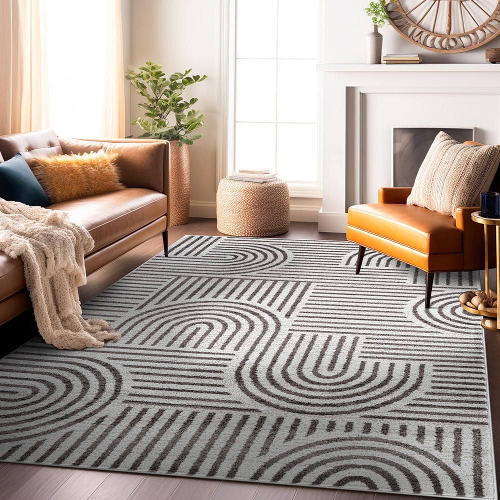 Modern Geometric Brown and Ivory Synthetic Area Rug 7'10" x 10'