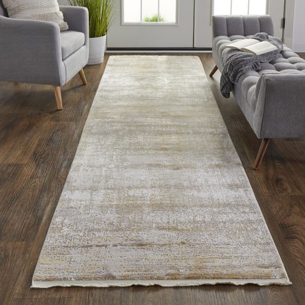 2 X 8 Gold, Ivory Abstract Runner Rug