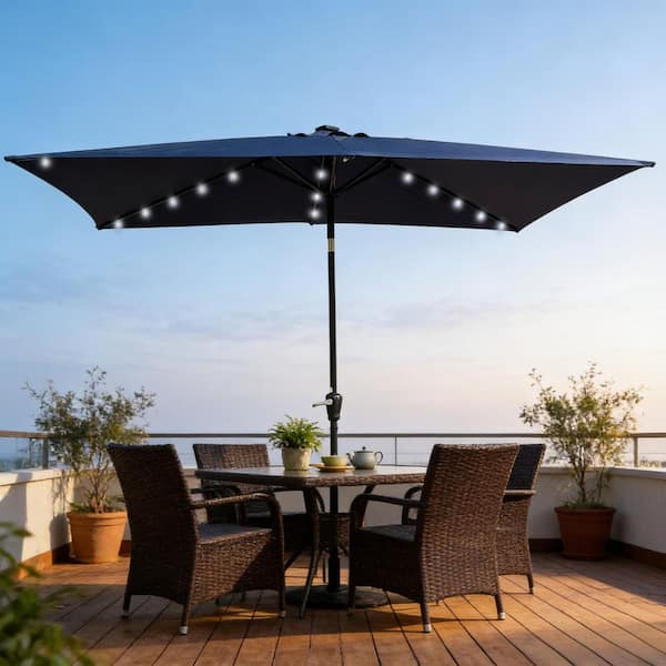 10 tilt solar lighted patio umbrella KOTSICO 10 ft. Outdoor Market Solar LED Lighted Patio Umbrella with Crank and Push Button Tilt in Navy Blue
