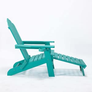 Green Folding Adirondack Chair with Pull-out Footstool with Cup Holder for Patio Deck Garden
