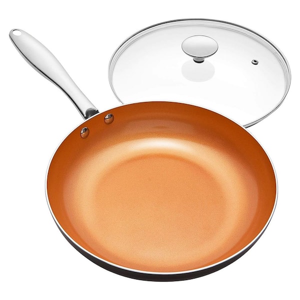10 in. Aluminum Ceramic Nonstick Frying Pan in Copper with Lid, Scratch Resistant, Induction and Oven Safe