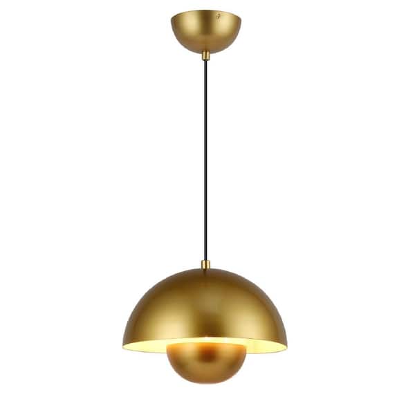 9 in. 1-Light Dome Pendant Light for Kitchen Island with Gold Metal Shade, Industrial Adjustable Height Chandelier