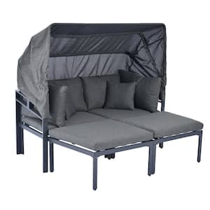 3-Piece Daybed with Retractable Canopy Metal Outdoor Sectional Sofa Set with Gray Cushions for Porch, Poolside