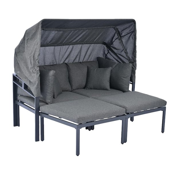Zeus & Ruta 3-Piece Daybed with Retractable Canopy Metal Outdoor Sectional Sofa Set with Gray Cushions for Porch, Poolside