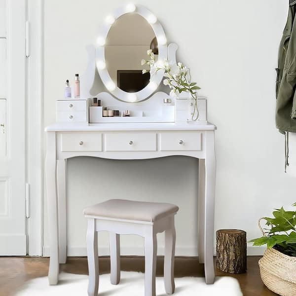 Veikous White Wooden Bedroom Vanity, Vanity With Mirror And Stool Home Depot