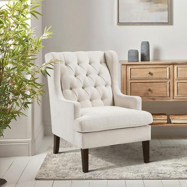 Lazzara Cutler Beige Textured Fabric Upholstery Button-Tufted Back Accent Arm Chair