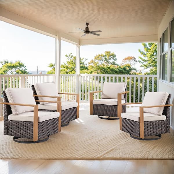 Gymojoy Allcot 4-Piece Patio Brown Wicker Conversation Set Outdoor Rocking Chair with CushionGuard with Beige Cushions