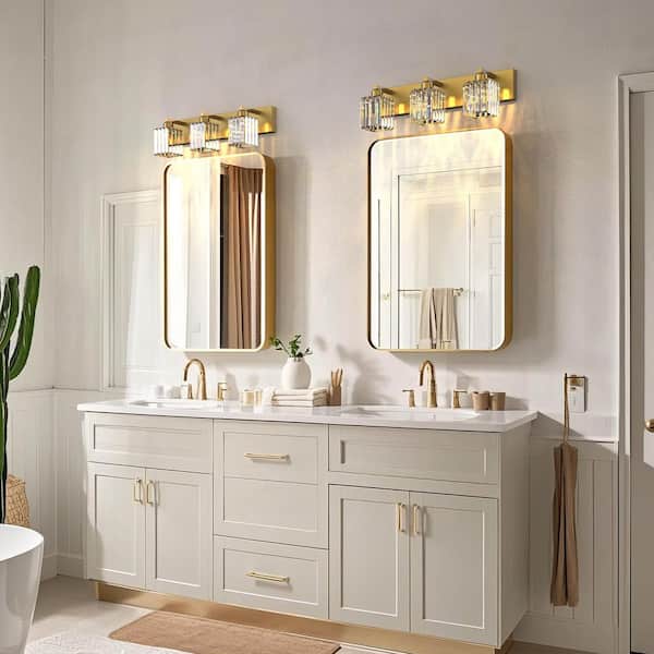 24 In. 3-Light Square Gold LED Vanity Light in Antique Brass for Bathroom with Crystal Shade