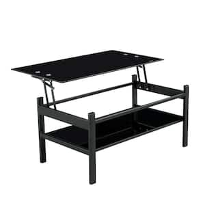 Black 2-Layer Tempered Glass Lift Top Coffee Table with Metal Leg