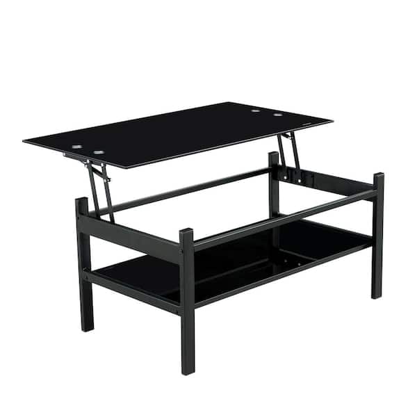 Angel Sar Black 2-Layer Tempered Glass Lift Top Coffee Table with Metal Leg