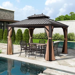 10 ft. x 12 ft. Bronze Aluminum Hardtop Gazebo Canopy for Patio Deck Backyard Heavy-Duty with Netting and Curtains