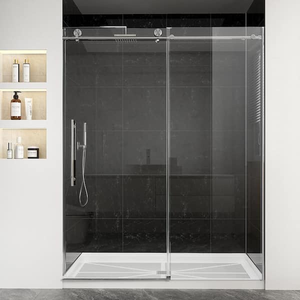 56 in. to 60 in. W x 75 in. H Single Sliding Frameless Shower Door in Brushed Nickel with Nano Tempered Glass