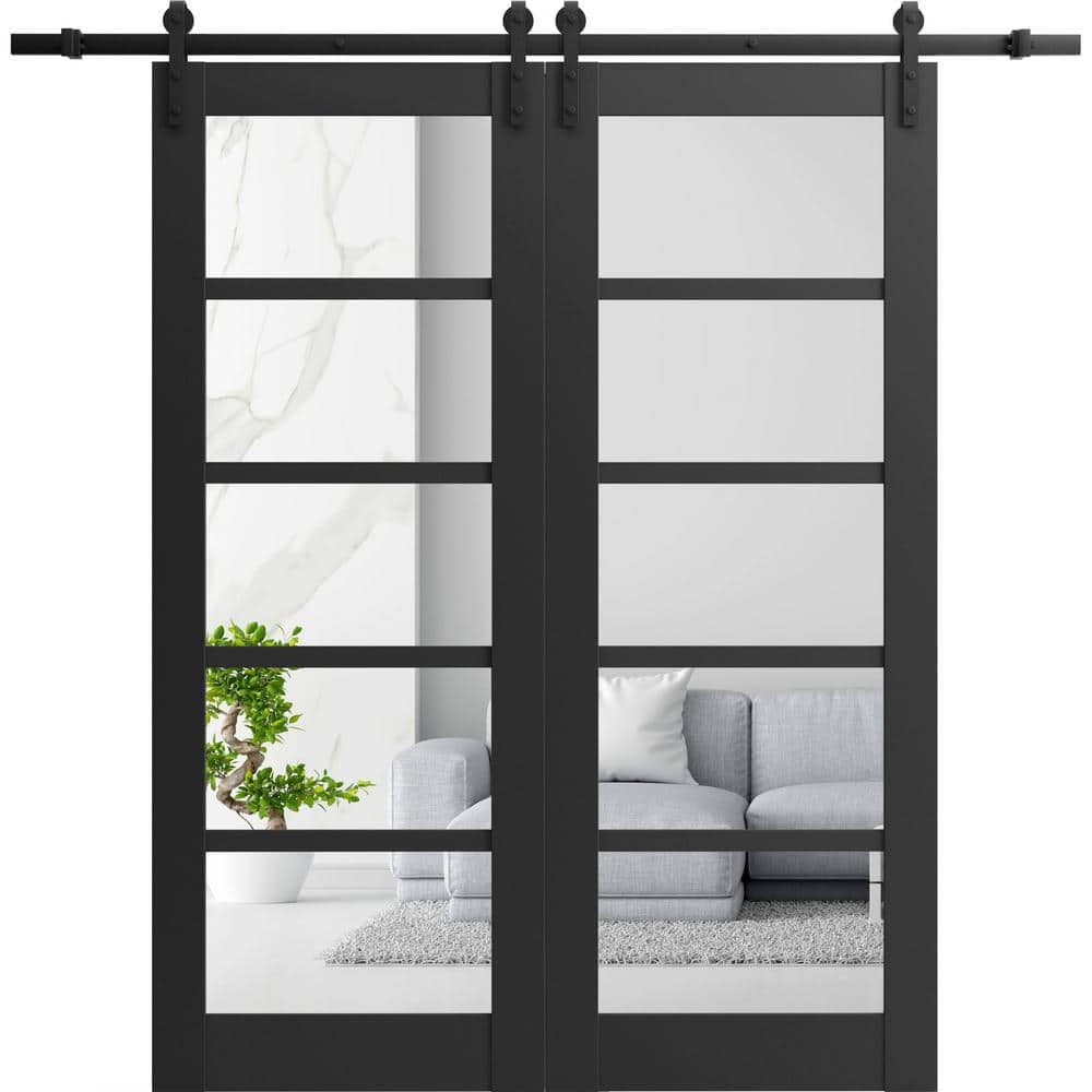 Assemble Required 18 in. x 80 in. 2 Panel Clear Glass Black Matte Solid MDF Sliding Barn Door with Hardware Kit price history on PriceWatchPro