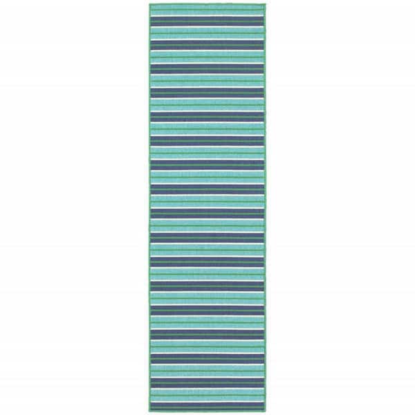 Blue, Green 2 ft. x 8 ft. Loomed Geometric Polypropylene Rectangle Indoor/Outdoor Area Rug