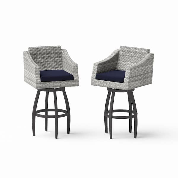 Cannes Swivel Wicker Outdoor Barstools with Sunbrella Navy Blue Cushions (2-Pack)