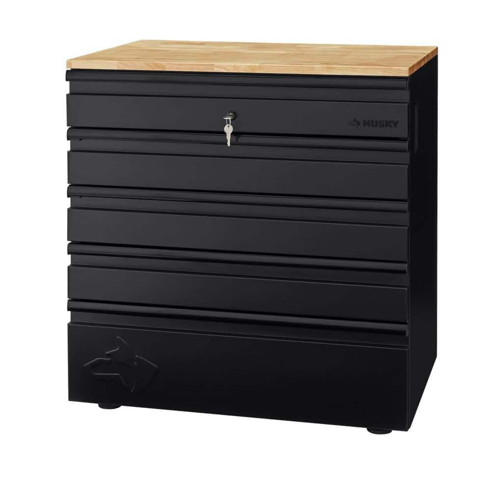 Husky Extra Wide Heavy Duty Welded 18-Gauge Steel 5-Drawer Garage Base Cabinet in Black (32 in. W x 33 in. H x 21.5 in. D)