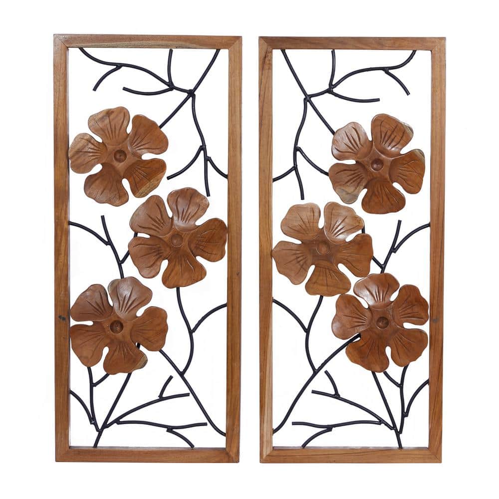 DecMode Brown Teak Wood Handmade Framed Carved Floral Wall Decor with Metal Wire (2 Count)