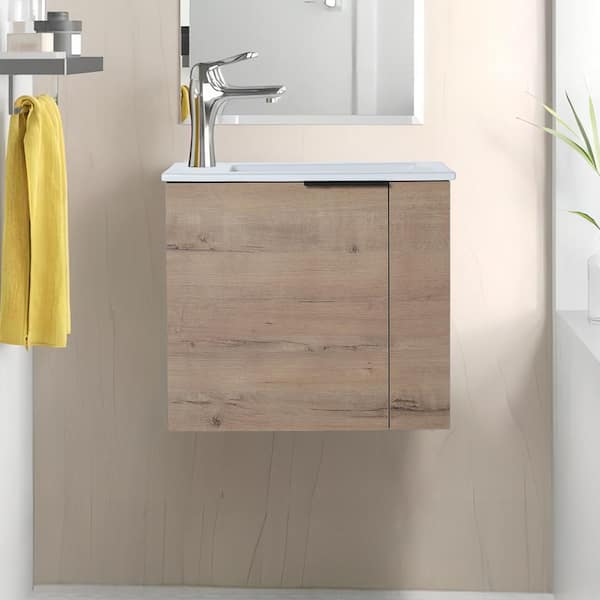 22.0 in. W x 13.0 in. D x 19.70 in. H Single Sink Wall Mount Bath Vanity in Brown with White Ceramic Top