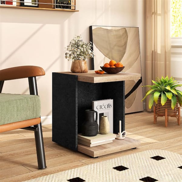 2-Tier 19.5 in. Oak Rectangle MDF Sofa Side Table with Open Storage Shelf Compact Nightstand for Living Room
