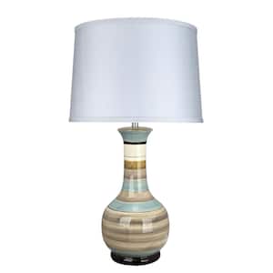 28-1/2 in. Striped Ceramic Table Lamp with Hardback Empire Shaped Lamp Shade in Light Blue