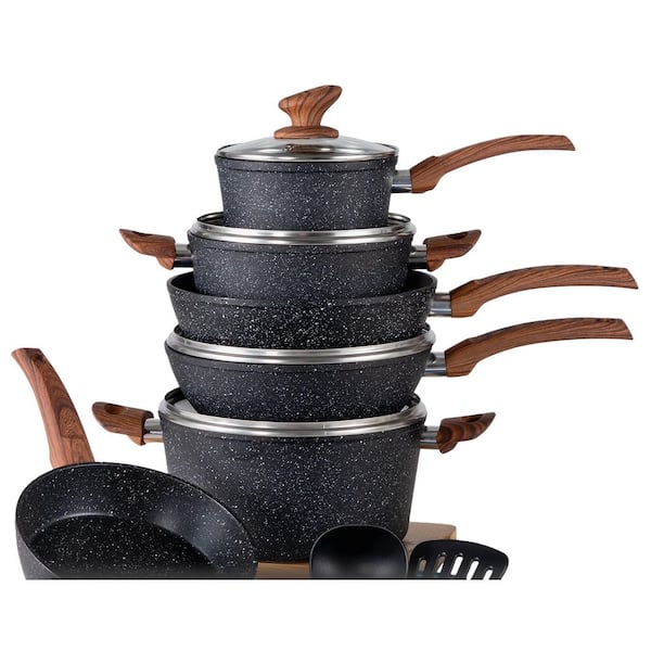 12 Piece Nonstick Aluminum Cookware Set, Granite Black Nonstick Pots and Pans Set, Pots and Pans with Bakelite Handle