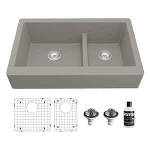 QAR-760 Quartz/Granite 34 in. Double Bowl 60/40 Retrofit Farmhouse/Apron Front Kitchen Sink in Concrete with Accessories