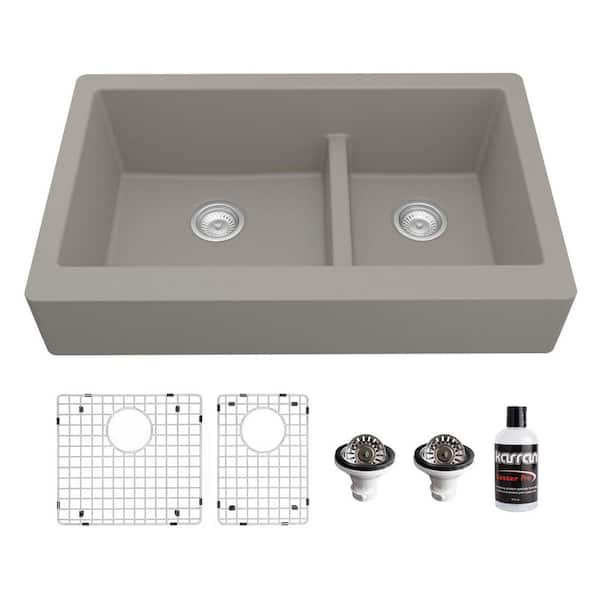Retrofit Apron-Front Quartz/Granite composite 34 in. Double Bowl 60/40 Farmhouse Kitchen Sink Kit in Black Retrofit Apron-Front Quartz/Granite composite 34 in. Double Bowl 60/40 Farmhouse Kitchen Sink Kit in Black