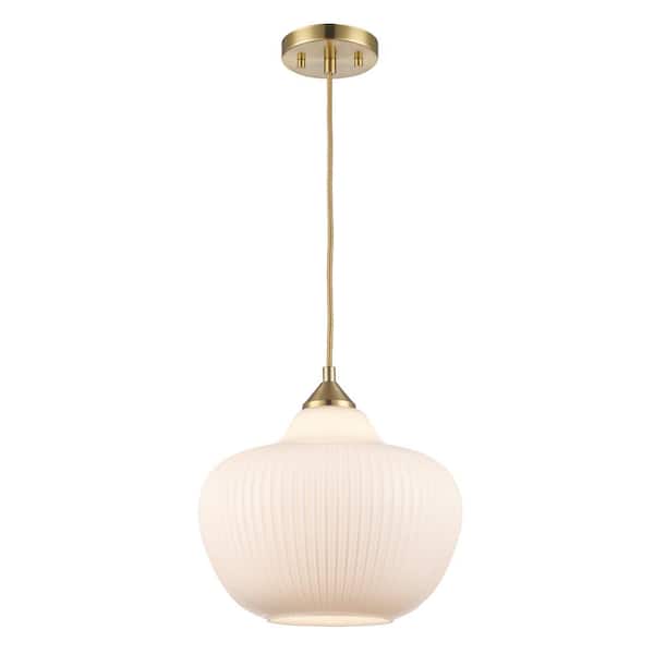 1-Light Gold Hanging Pendant Light Fixture with White Ribbed Glass Shade